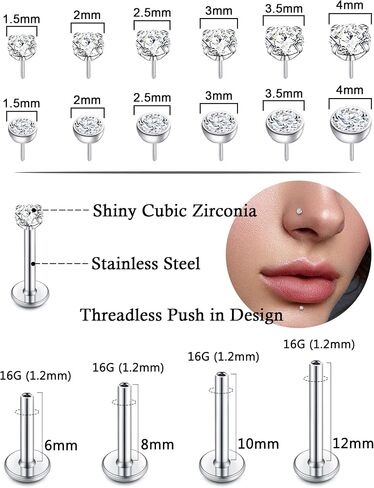 Akeoqi 20G 18G 16G Threadless Push in Lip Rings Stainless Steel Labret Jewelry CZ Nose Ring Studs Monroe Medusa Piercing Jewelry for Women Men 6/8/10/12mm Bar Length in Saudi Arabia