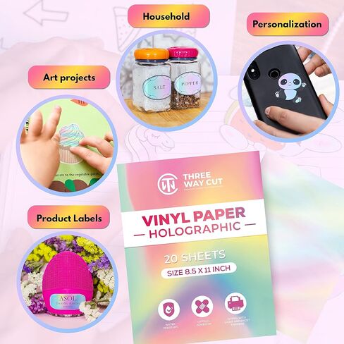 Holographic Vinyl Sticker Paper 20 Sheets 8.5 x 11" Waterproof Printable Paper for Inkjet & Laser Printer, Dries Quickly, Self Adhesive, Cut with Silhouette Rainbow Sticker Printing in Kuwait