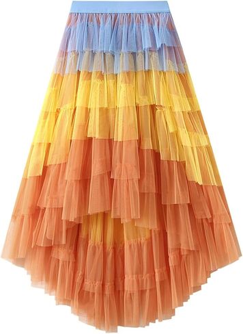 Femiserah Women's Long High Low Ruffles Party Tulle Skirt Maxi Tiered Rainbow Tutu Skirt in Saudi Arabia