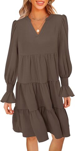 MEROKEETY Women's 2024 Long Sleeve Midi Dress V Neck Flowy Swing Ruffle Tiered Fall Casual Dresses in Kuwait