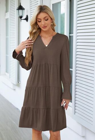 MEROKEETY Women's 2024 Long Sleeve Midi Dress V Neck Flowy Swing Ruffle Tiered Fall Casual Dresses in Kuwait