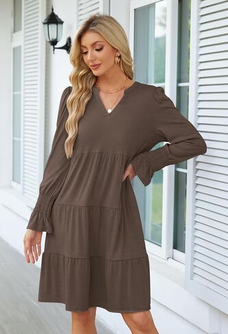 MEROKEETY Women's 2024 Long Sleeve Midi Dress V Neck Flowy Swing Ruffle Tiered Fall Casual Dresses in Kuwait