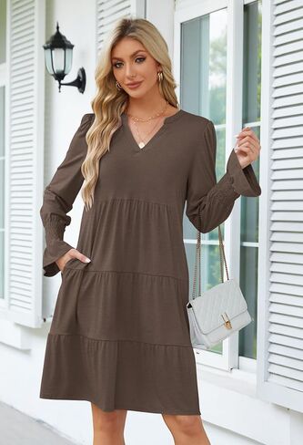 MEROKEETY Women's 2024 Long Sleeve Midi Dress V Neck Flowy Swing Ruffle Tiered Fall Casual Dresses in Kuwait