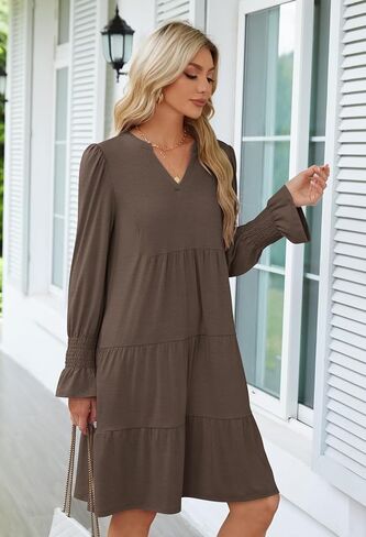 MEROKEETY Women's 2024 Long Sleeve Midi Dress V Neck Flowy Swing Ruffle Tiered Fall Casual Dresses in Kuwait