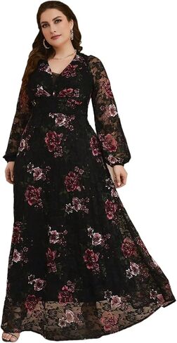 فساتين نسائية لربيع وصيف 2024 بمقاسات كبيرة، فستان ماكسي كاجوال أنيق بأكمام طويلة وطبعة زهور in Kuwait