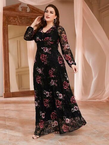 فساتين نسائية لربيع وصيف 2024 بمقاسات كبيرة، فستان ماكسي كاجوال أنيق بأكمام طويلة وطبعة زهور in Kuwait