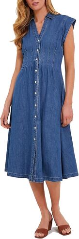 Ladyful Women's Denim Shirt Dress Collar V Neck Cap Sleeve Jean Dress Button Down A-Line Midi Dress in Saudi Arabia
