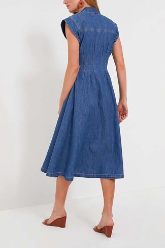 Ladyful Women's Denim Shirt Dress Collar V Neck Cap Sleeve Jean Dress Button Down A-Line Midi Dress in Saudi Arabia