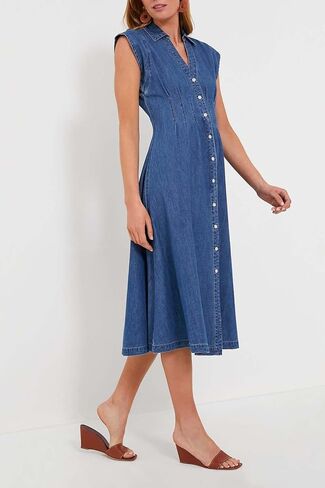 Ladyful Women's Denim Shirt Dress Collar V Neck Cap Sleeve Jean Dress Button Down A-Line Midi Dress in Saudi Arabia