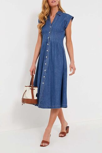 Ladyful Women's Denim Shirt Dress Collar V Neck Cap Sleeve Jean Dress Button Down A-Line Midi Dress in Saudi Arabia