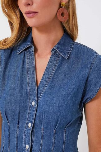 Ladyful Women's Denim Shirt Dress Collar V Neck Cap Sleeve Jean Dress Button Down A-Line Midi Dress in Saudi Arabia