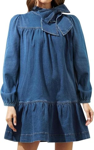 Women's Puff Long Sleeve Denim Dress Ruffle Mock Neck Tiered Mini Babydoll Dress Casual Flowy Swing Jean Dresses in Kuwait