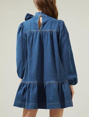 Women's Puff Long Sleeve Denim Dress Ruffle Mock Neck Tiered Mini Babydoll Dress Casual Flowy Swing Jean Dresses in Kuwait