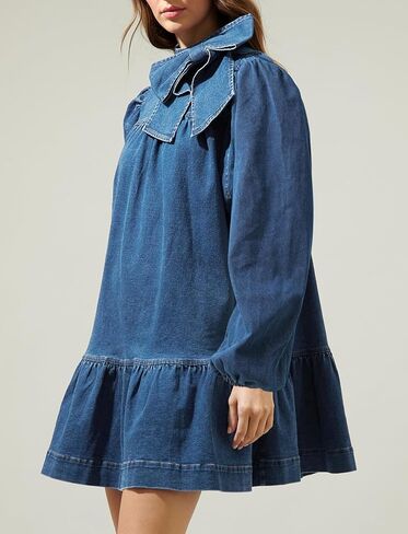 Women's Puff Long Sleeve Denim Dress Ruffle Mock Neck Tiered Mini Babydoll Dress Casual Flowy Swing Jean Dresses in Kuwait