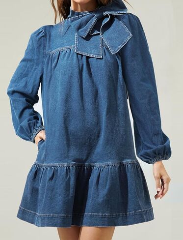 Women's Puff Long Sleeve Denim Dress Ruffle Mock Neck Tiered Mini Babydoll Dress Casual Flowy Swing Jean Dresses in Kuwait