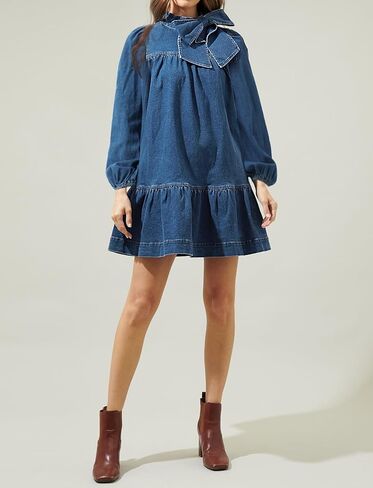 Women's Puff Long Sleeve Denim Dress Ruffle Mock Neck Tiered Mini Babydoll Dress Casual Flowy Swing Jean Dresses in Kuwait