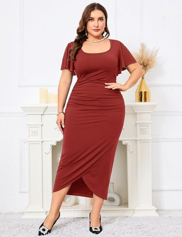 ZOMVA 2024 Plus Size Cocktail Dress Comfortable Bell Sleeves Wedding Guest Square Neck Semi Formal in Saudi Arabia
