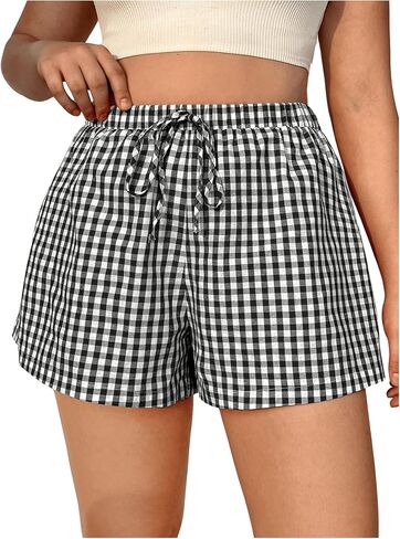 OYOANGLE Women's Plus Size Plaid Print Elastic Drawstring Waist Shorts Color Block Casual Lounge Shorts in Saudi Arabia