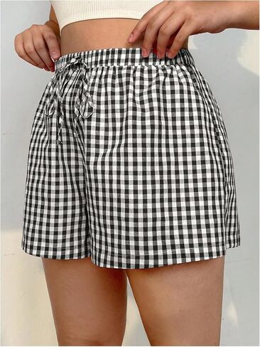 OYOANGLE Women's Plus Size Plaid Print Elastic Drawstring Waist Shorts Color Block Casual Lounge Shorts in Saudi Arabia