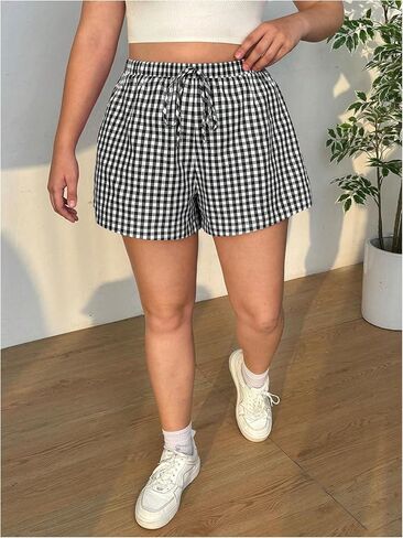OYOANGLE Women's Plus Size Plaid Print Elastic Drawstring Waist Shorts Color Block Casual Lounge Shorts in Saudi Arabia