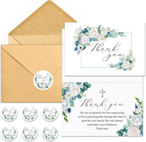 25 Pack Funeral Thank You Cards with Envelopes Matching Stickers Messages Inside 4×6 in, Watercolor Rose Cross Bereavement Sympathy Thank You Cards for Funeral Family Friends Loved Ones in Saudi Arabia