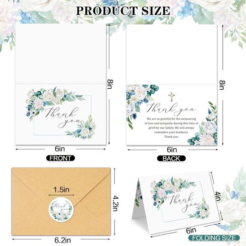 25 Pack Funeral Thank You Cards with Envelopes Matching Stickers Messages Inside 4×6 in, Watercolor Rose Cross Bereavement Sympathy Thank You Cards for Funeral Family Friends Loved Ones in Saudi Arabia