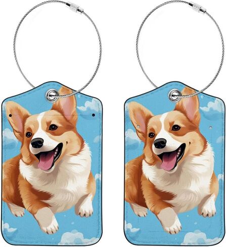2 Pcs Luggage Tag for Suitcases, PU Leather Baggage Handbag Travel Cruise Essentials Tags with Privacy Flap Name ID Label and Stainless Steel Loop for Women Men, Happy Sky Corgis in Saudi Arabia