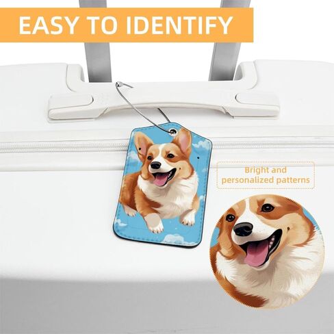 2 Pcs Luggage Tag for Suitcases, PU Leather Baggage Handbag Travel Cruise Essentials Tags with Privacy Flap Name ID Label and Stainless Steel Loop for Women Men, Happy Sky Corgis in Saudi Arabia