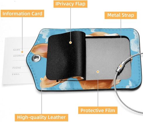 2 Pcs Luggage Tag for Suitcases, PU Leather Baggage Handbag Travel Cruise Essentials Tags with Privacy Flap Name ID Label and Stainless Steel Loop for Women Men, Happy Sky Corgis in Saudi Arabia