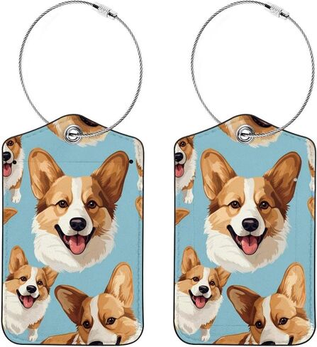 2 Pcs Luggage Tag for Suitcases, PU Leather Baggage Handbag Travel Cruise Essentials Tags with Privacy Flap Name ID Label and Stainless Steel Loop for Women Men, Happy Sky Corgis in Saudi Arabia