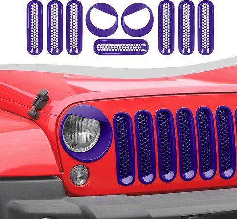 Mesh Grille Grill Insert+Angry Bird Style Headlight Turn Light Cover Trim Fit for 2007-2018 Jeep Wrangler JK JKU(Purple) in Saudi Arabia