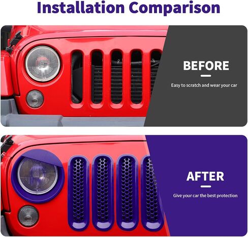 Mesh Grille Grill Insert+Angry Bird Style Headlight Turn Light Cover Trim Fit for 2007-2018 Jeep Wrangler JK JKU(Purple) in Saudi Arabia