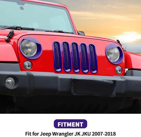 Mesh Grille Grill Insert+Angry Bird Style Headlight Turn Light Cover Trim Fit for 2007-2018 Jeep Wrangler JK JKU(Purple) in Saudi Arabia