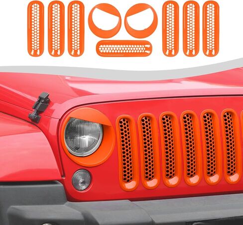Mesh Grille Grill Insert+Angry Bird Style Headlight Turn Light Cover Trim Fit for 2007-2018 Jeep Wrangler JK JKU(Purple) in Saudi Arabia