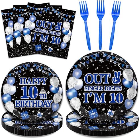 96Pcs 10th Birthday Party Tableware Set, Navy Blue Black Double Digits Birthday Party Decorations Supplies for Boys Girls 10 Years Old Birthday Party Dessert Plates Napkins Favors, Serve 24 in Saudi Arabia
