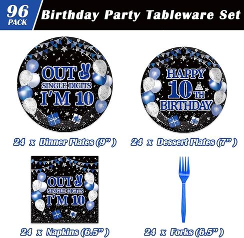 96Pcs 10th Birthday Party Tableware Set, Navy Blue Black Double Digits Birthday Party Decorations Supplies for Boys Girls 10 Years Old Birthday Party Dessert Plates Napkins Favors, Serve 24 in Saudi Arabia
