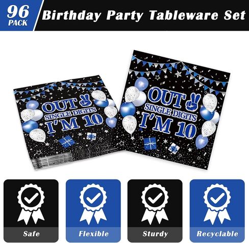 96Pcs 10th Birthday Party Tableware Set, Navy Blue Black Double Digits Birthday Party Decorations Supplies for Boys Girls 10 Years Old Birthday Party Dessert Plates Napkins Favors, Serve 24 in Saudi Arabia