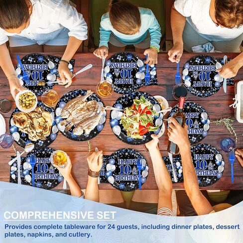 96Pcs 10th Birthday Party Tableware Set, Navy Blue Black Double Digits Birthday Party Decorations Supplies for Boys Girls 10 Years Old Birthday Party Dessert Plates Napkins Favors, Serve 24 in Saudi Arabia
