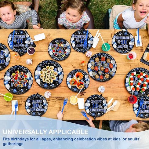 96Pcs 10th Birthday Party Tableware Set, Navy Blue Black Double Digits Birthday Party Decorations Supplies for Boys Girls 10 Years Old Birthday Party Dessert Plates Napkins Favors, Serve 24 in Saudi Arabia