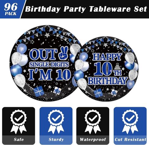 96Pcs 10th Birthday Party Tableware Set, Navy Blue Black Double Digits Birthday Party Decorations Supplies for Boys Girls 10 Years Old Birthday Party Dessert Plates Napkins Favors, Serve 24 in Saudi Arabia