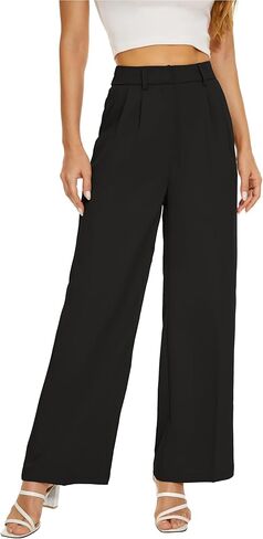Women Office Wide High Waist Pants Loose Fit Elastic Waist Pleated Front Trousers for Work Casual in Kuwait