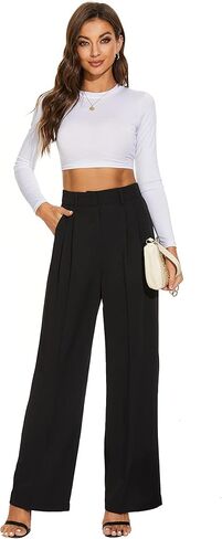 Women Office Wide High Waist Pants Loose Fit Elastic Waist Pleated Front Trousers for Work Casual in Kuwait