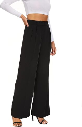 Women Office Wide High Waist Pants Loose Fit Elastic Waist Pleated Front Trousers for Work Casual in Kuwait