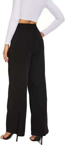 Women Office Wide High Waist Pants Loose Fit Elastic Waist Pleated Front Trousers for Work Casual in Kuwait