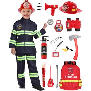 Kids Firefighter Costume 15 Pcs Fireman Dress-up Toy Set Toddler Halloween Costumes Boy Fire Fighter Hat with Gear Bag