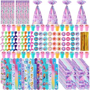 280 Pieces Mermaid Stationery Party Favors Bulk: Mermaid Pencil Eraser Slap Bracelets Stamps Treat Bags for Classroom Gift Exchange School Games Prizes Reward Prizes Carnival Events (Mermaid)