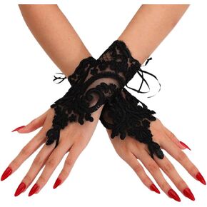 Black Lace Feather Gloves for Women Long Fingerless Glove Gothic Wrist Cuff Gloves Halloween Costume Bridal Gloves