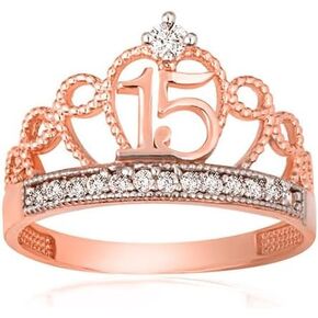 10K Yellow, White, and Rose Gold Cubic Zirconia Tiara Sweet 15 Años Quinceanera 2mm Crown Ring - Choice of Ring Size