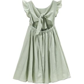 Ritatte Girls Summer Cotton Dress Ruffle Sleeveless Bowknot Tie Back Sundress Solid Casual Backless A-Line Swing Midi Dresses