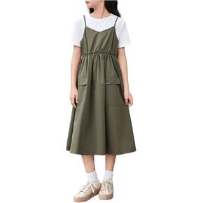 OYOANGLE Girl's 2 in 1 Colorblock Round Neck Short Sleeve A Line Flowy Midi Dress with Front Pockets